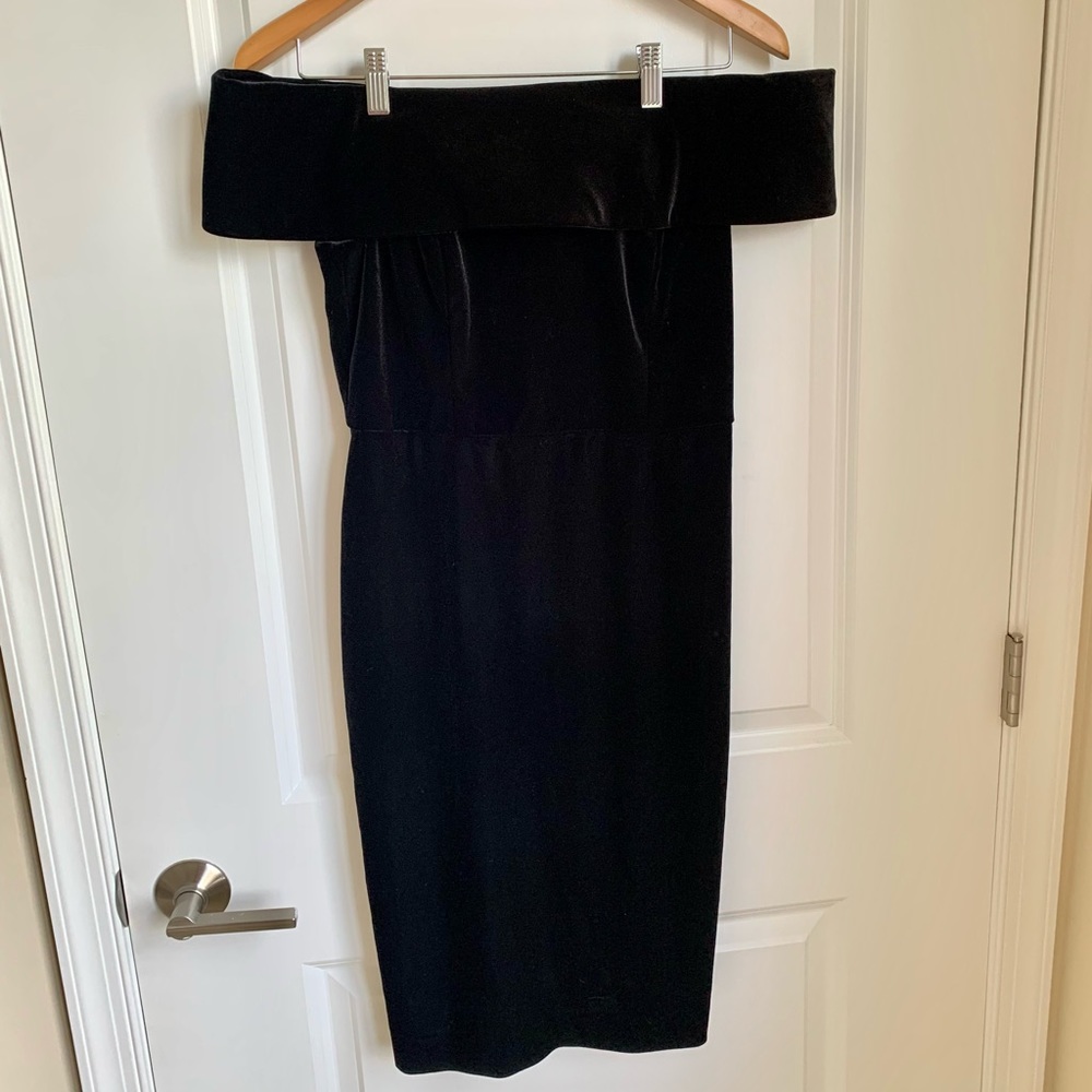 Calvin Klein black velvet off the shoulder dress